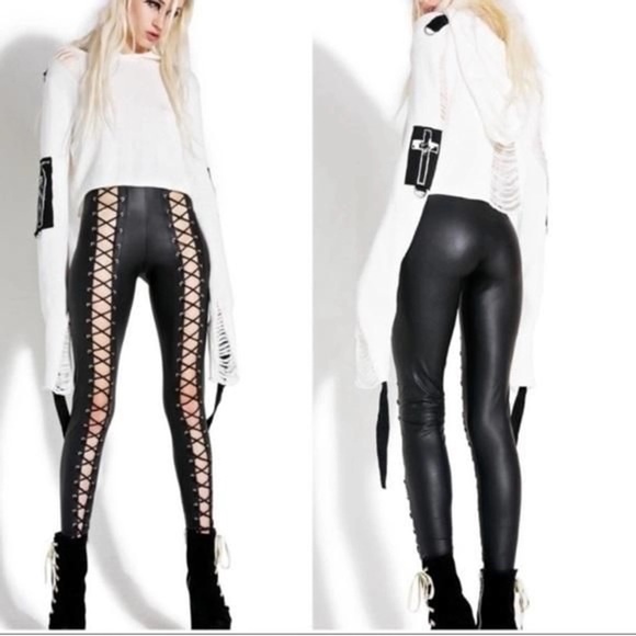 Dolls Kill Pants - Current Mood Corset Pants Black Faux Vegan Leather by Dolls Kill Size XS